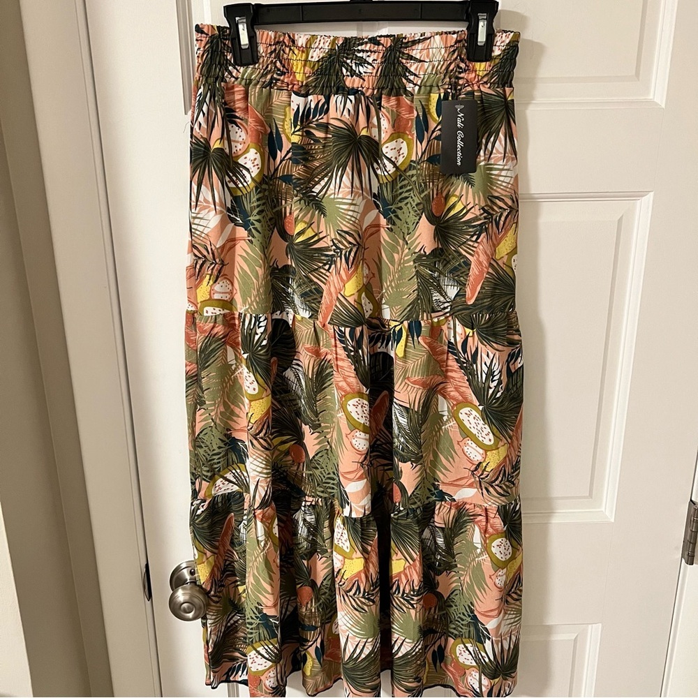 Nali Collection Tropical Palm tiered midi skirt elastic waist Size S-M NEW